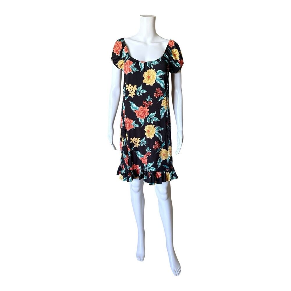 Revamped Womens Size Large Black Floral Smocked Cap Sleeve Ruffle Mini Dress